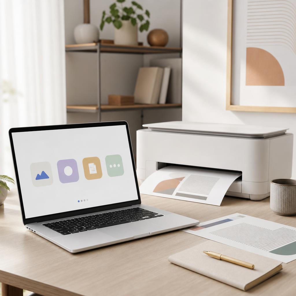 A MacBook on a bright desk showing the macOS Printers & Scanners settings, with a white printer beside it