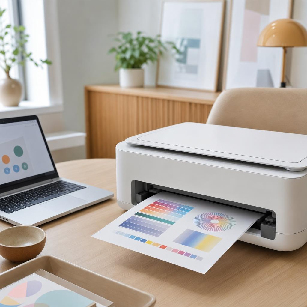 A white printer feeding out a freshly printed test page beside a MacBook showing the Printers & Scanners settings