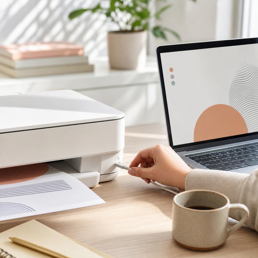A USB cable being connected from a white printer to a MacBook using a USB-C adapter on a bright desk