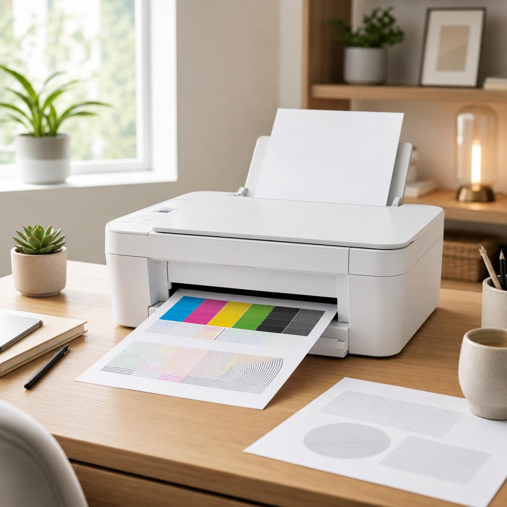 A white printer feeding out a freshly printed test page with sharp text and even colour bars onto the output tray