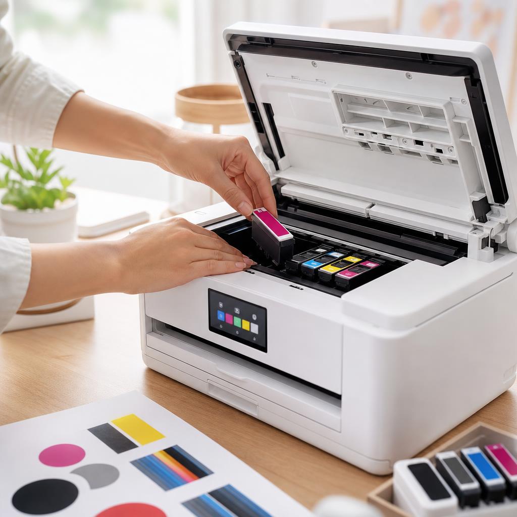 A hand pressing a colour ink cartridge into the open carriage of a white inkjet printer until it clicks into place