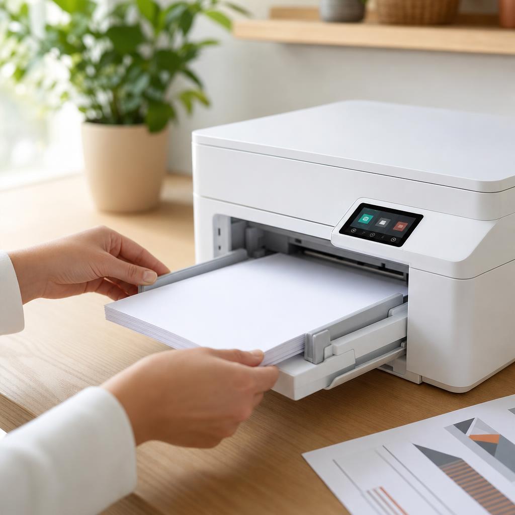 Hands adjusting the side paper guides against a neat stack of white paper in an open printer tray
