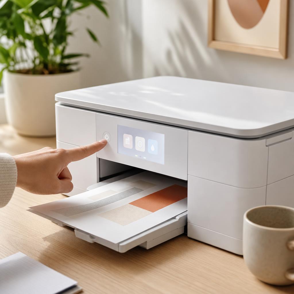 A finger pressing the illuminated power button on a new white printer’s control panel as its screen lights up