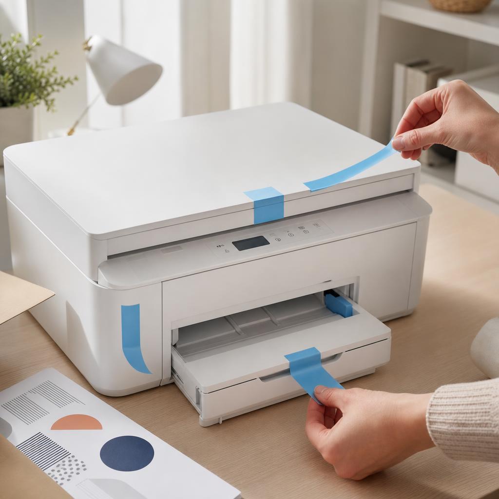 A hand peeling a strip of bright orange shipping tape from inside an open white printer, more tape visible on the tray