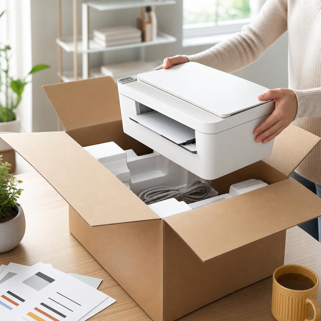 An open printer box on a desk with the new printer partly lifted out, foam packing and accessory bags visible inside