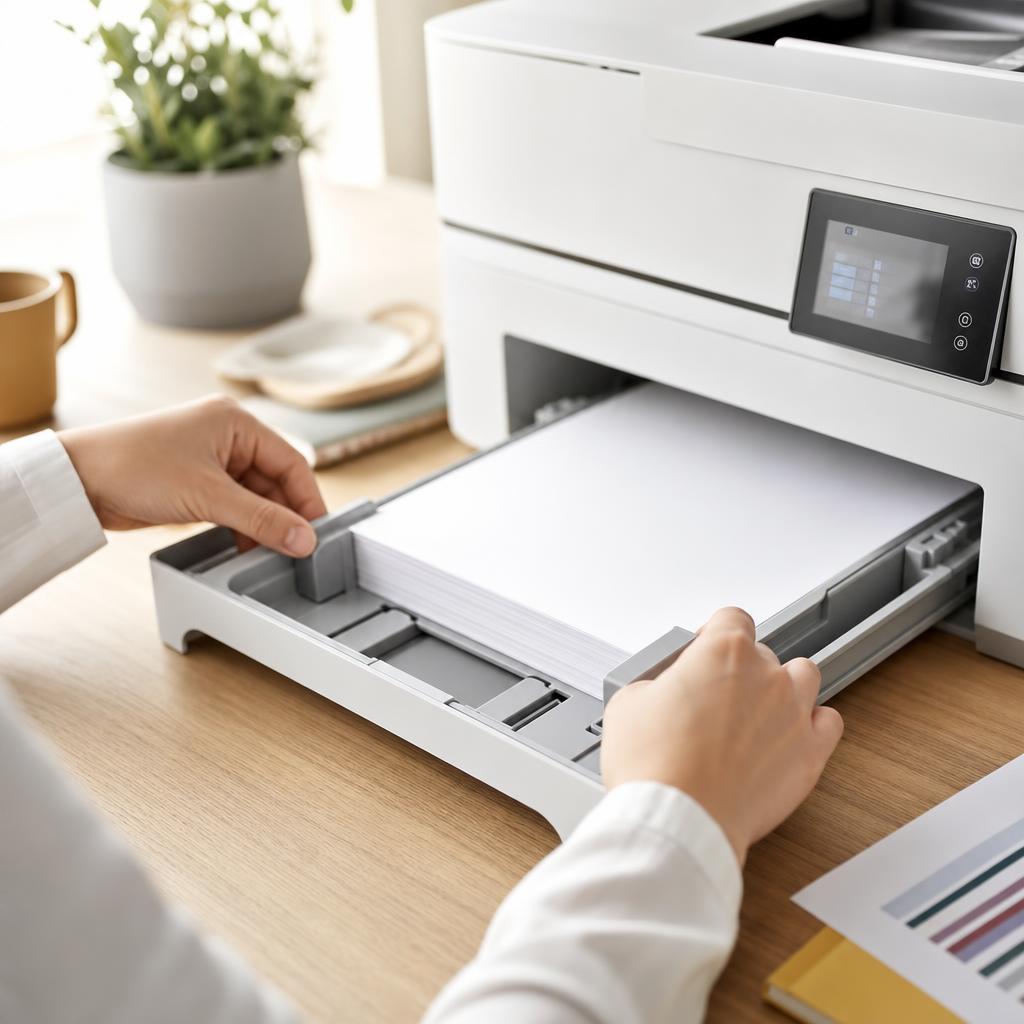 A hand sliding the adjustable side paper guide against the edge of a loaded stack of paper in an open printer tray