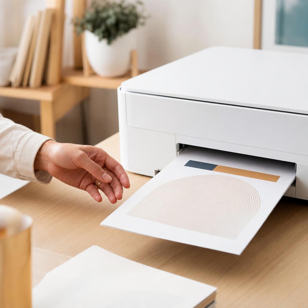 A white printer feeding out a single straight test page into the output tray, with a neatly loaded input tray below