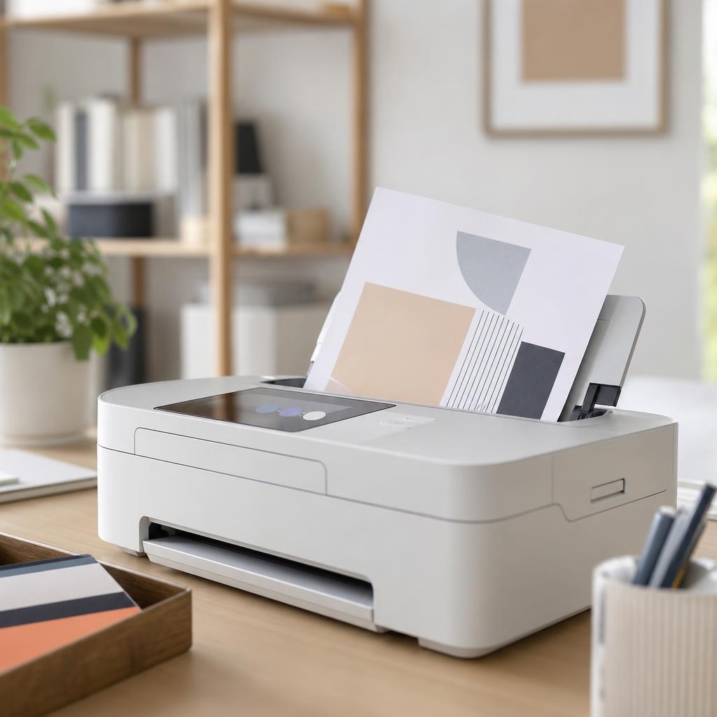 A close-up of paper feeding in crooked and skewed at the input of an open printer, with sheets slightly overlapping