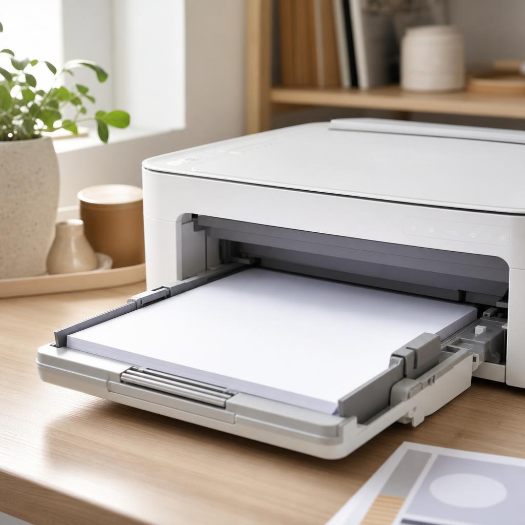 A neat, squared stack of white paper loaded flush into a printer tray with the side guides set against its edges