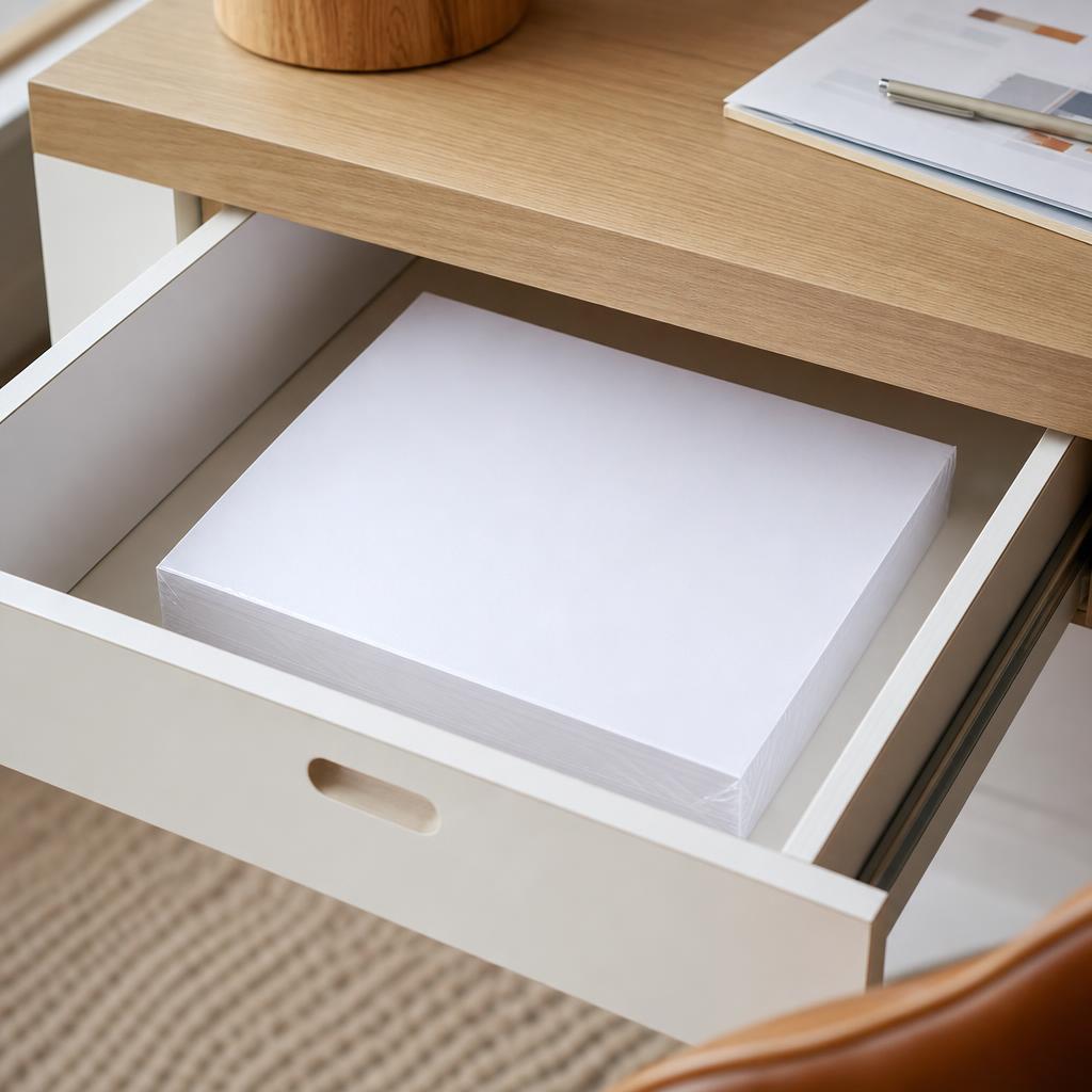 A sealed ream of white printer paper stored flat inside a tidy drawer, kept away from dust and humidity