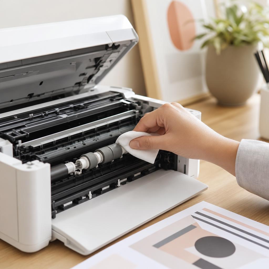 A hand wiping the grey rubber pickup roller inside an open printer with a lint-free cloth to restore its grip