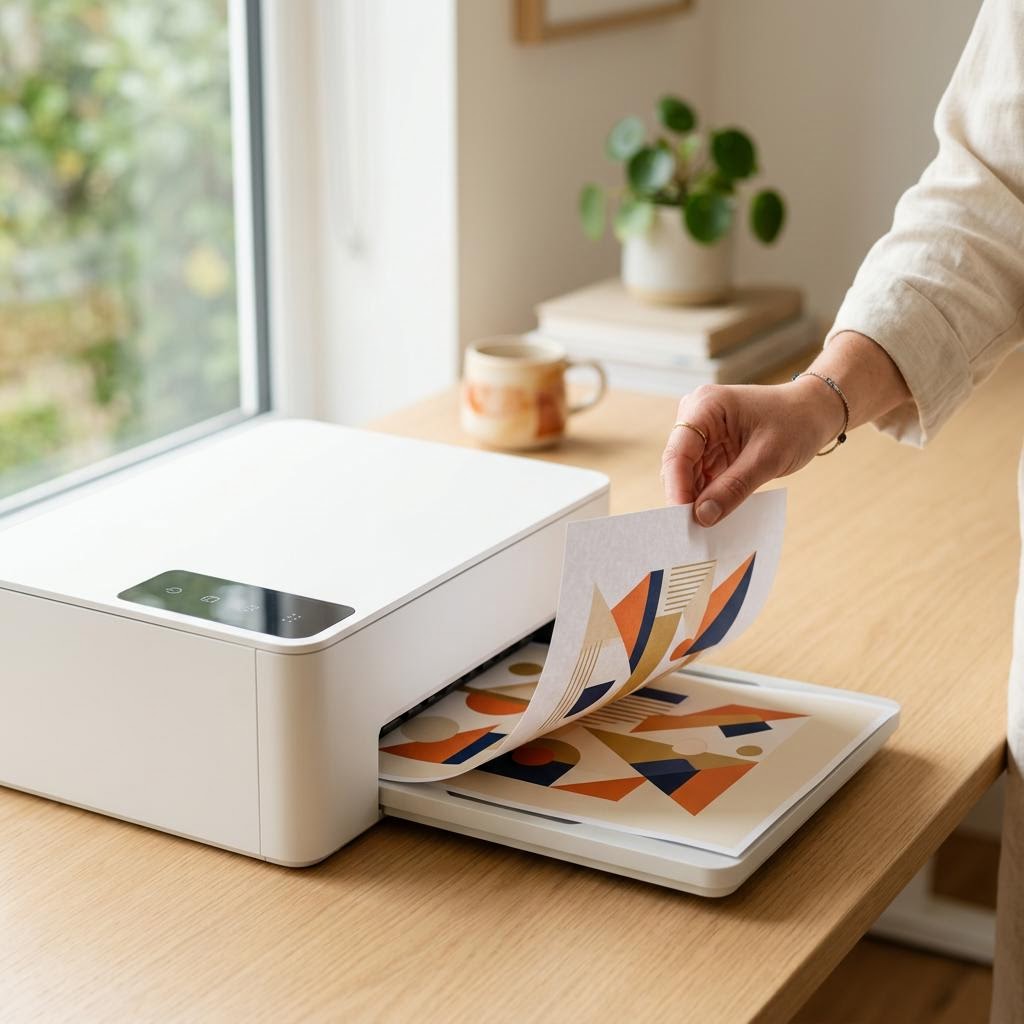 A white printer feeding out a freshly printed page onto its output tray with a MacBook showing the print dialog beside it