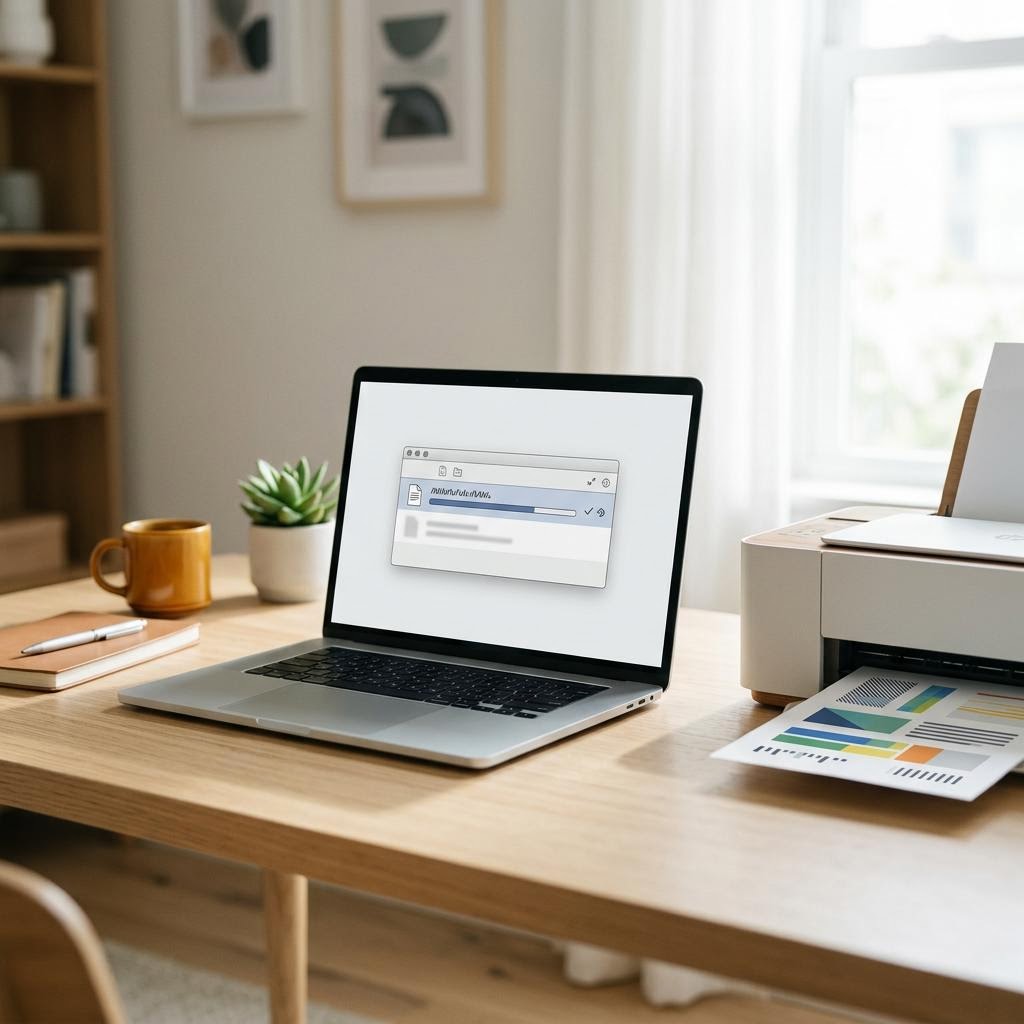 The macOS print queue window listing a document with a progress bar and pause, resume and cancel buttons in the toolbar