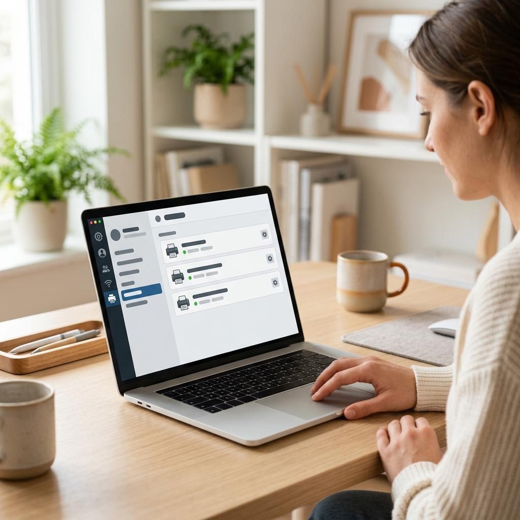 The macOS System Settings Printers and Scanners pane listing a printer with its status and add and remove buttons
