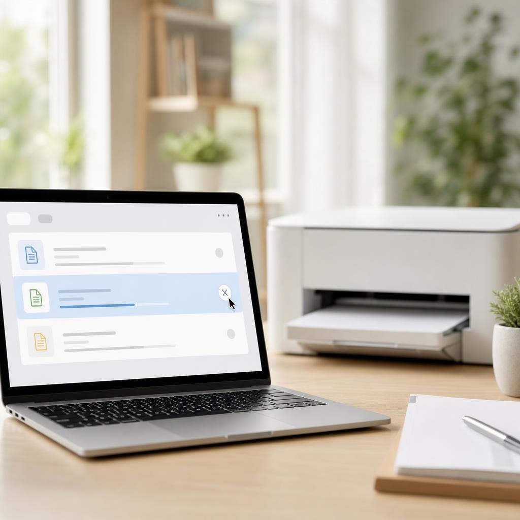 A laptop screen showing a print queue with one job selected and a small circular cancel (X) icon beside it