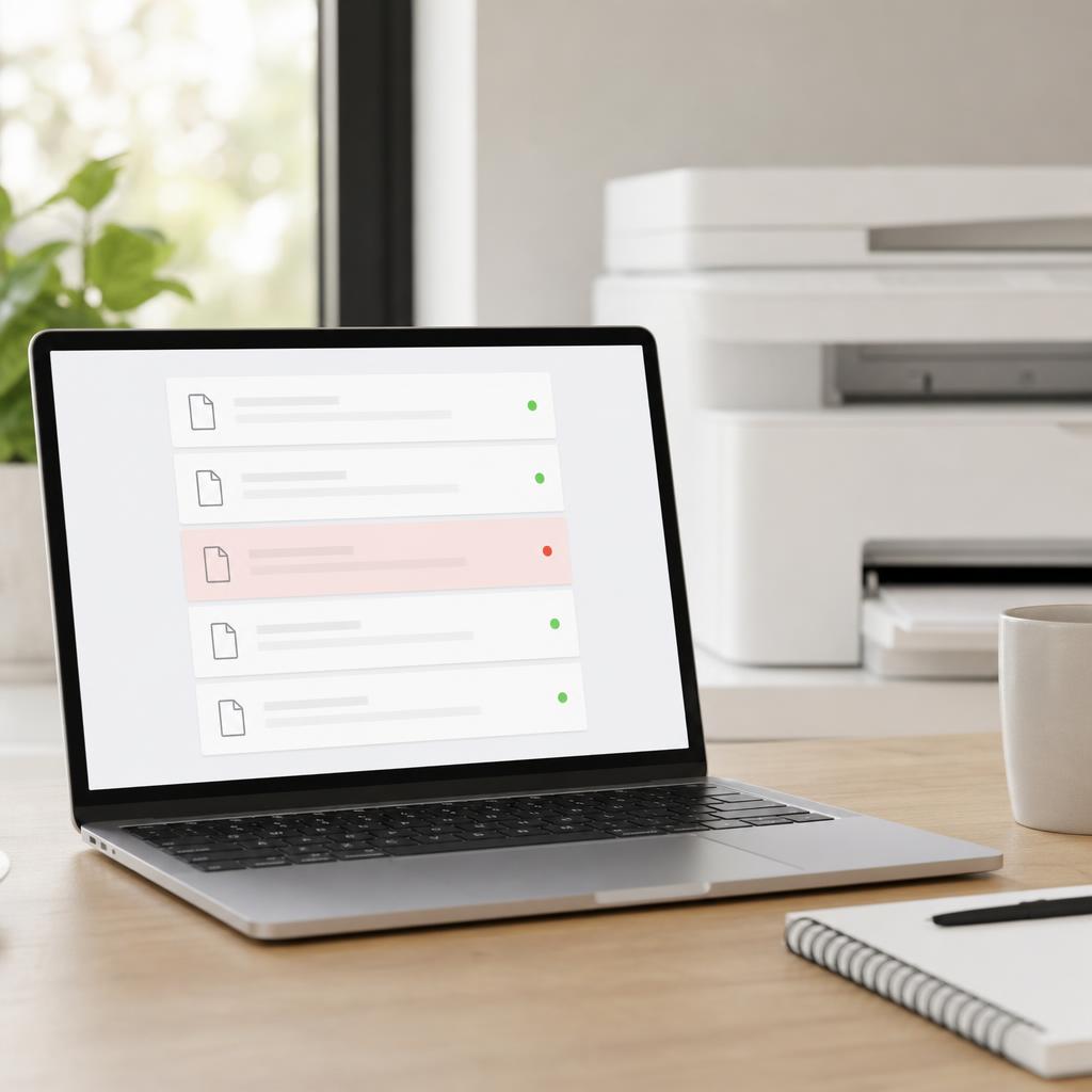 A laptop screen showing a print queue with several document rows, one highlighted as stuck while the others wait