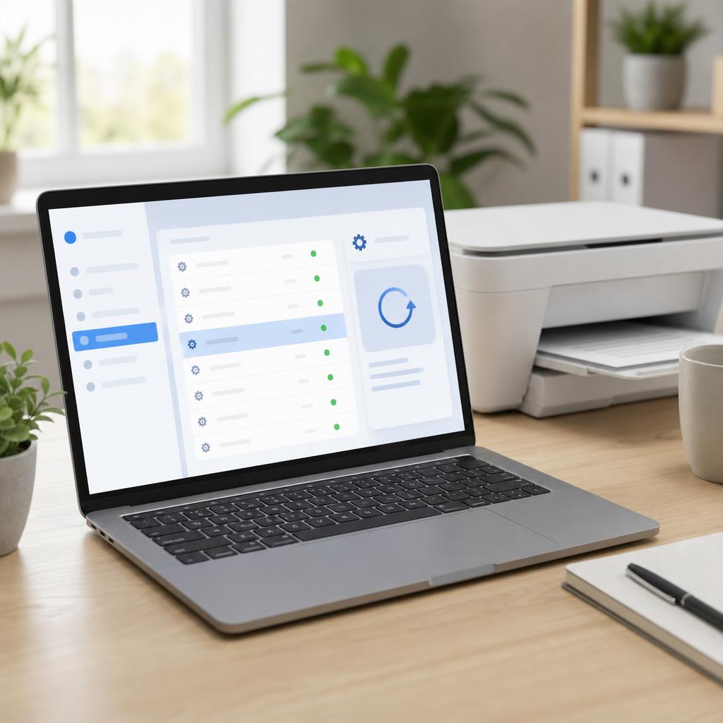 A laptop screen showing a system services list with one service row highlighted and a circular restart-arrow icon