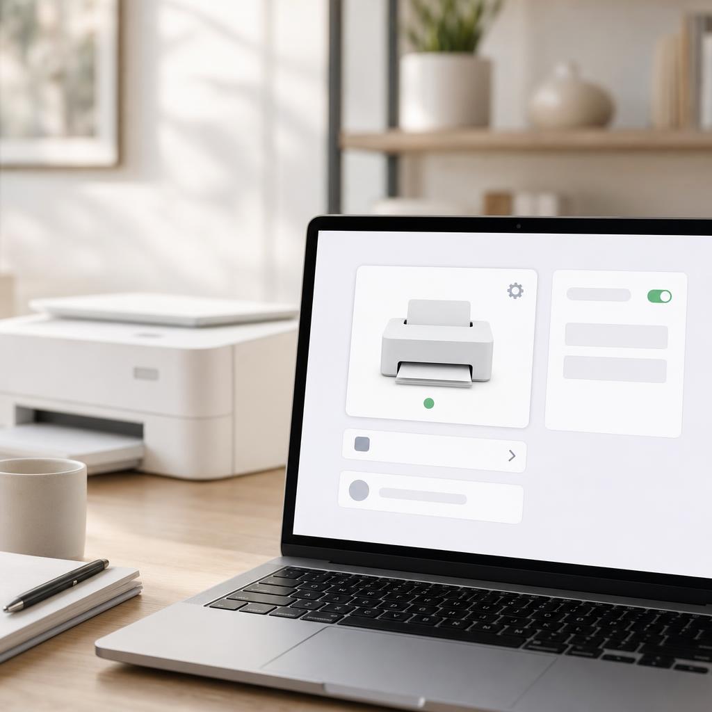 A laptop screen showing a printers and scanners settings panel with a printer tile, a gear icon, and a green status dot
