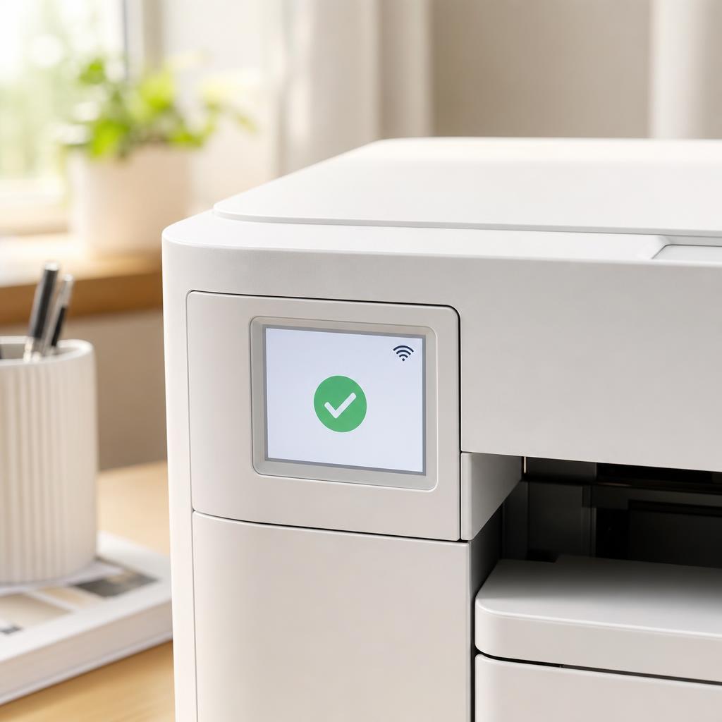 Close-up of a white printer’s control-panel screen showing a green ready checkmark and a Wi-Fi icon