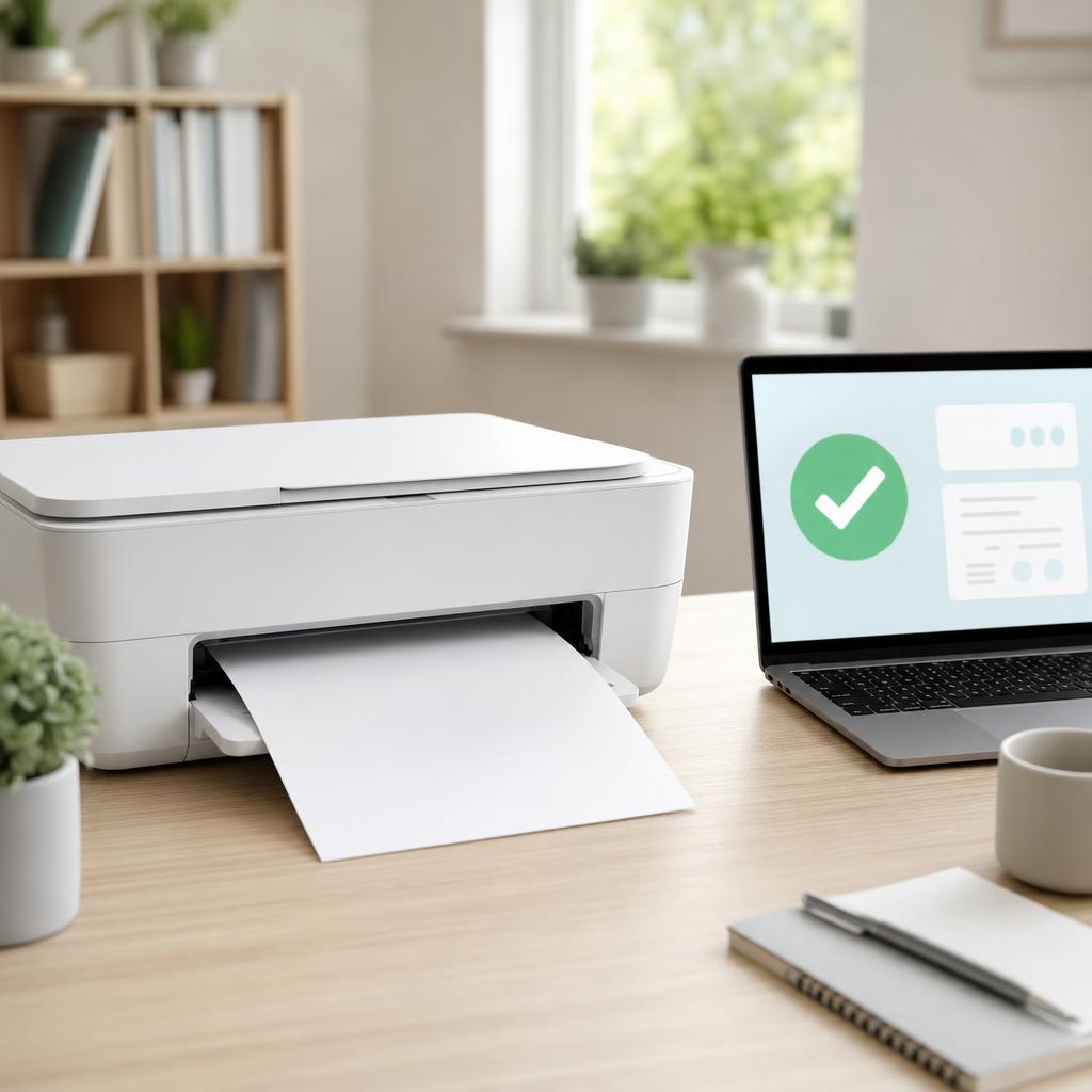A white printer feeding out a clean printed sheet while a laptop beside it shows a large green checkmark icon