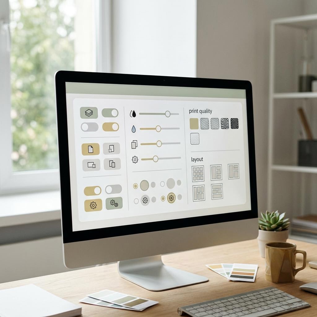 A printer preferences window on Windows showing print quality, paper type, and colour options with drop-down menus