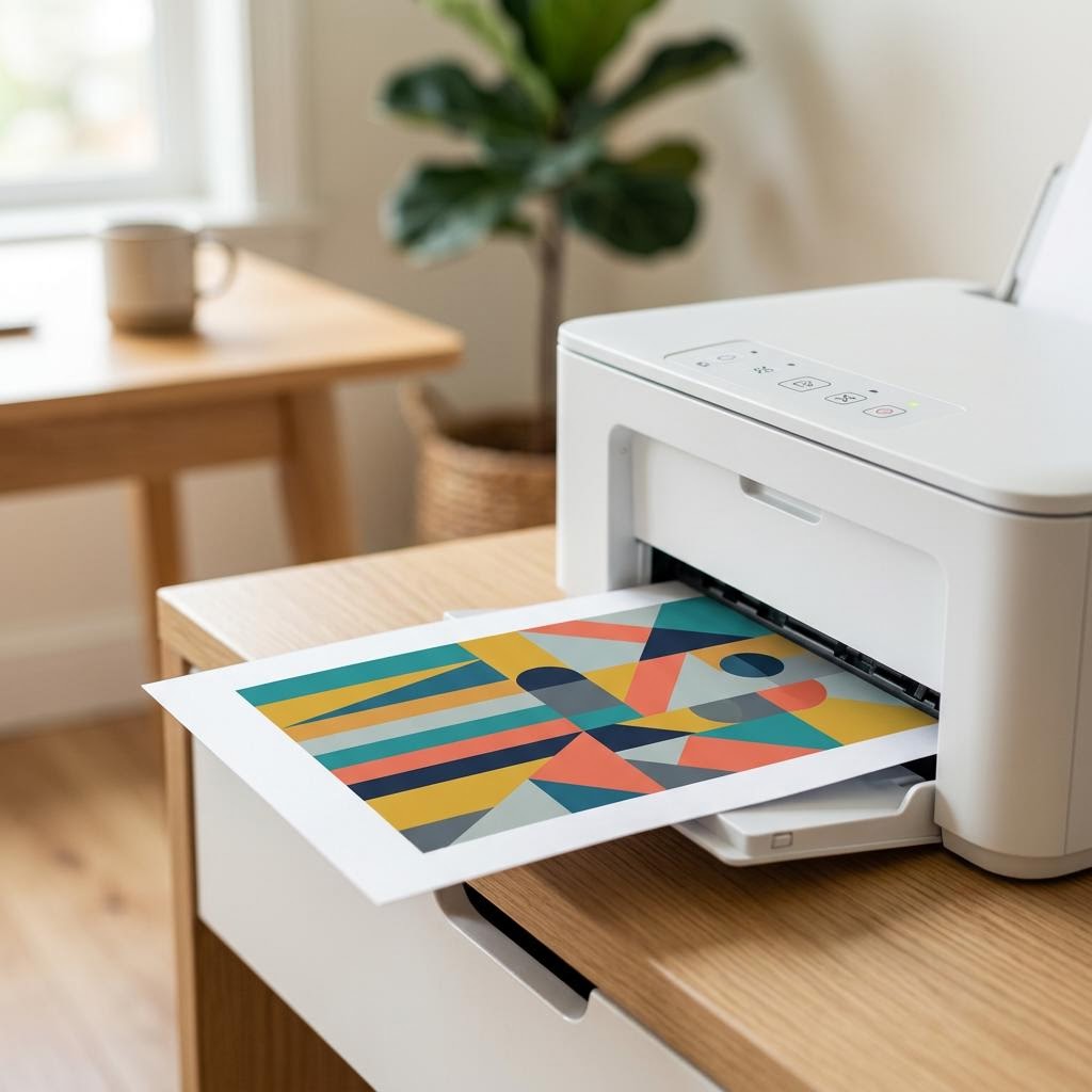 A printer feeding out a freshly printed Windows test page into the output tray with a laptop showing the print dialog nearby