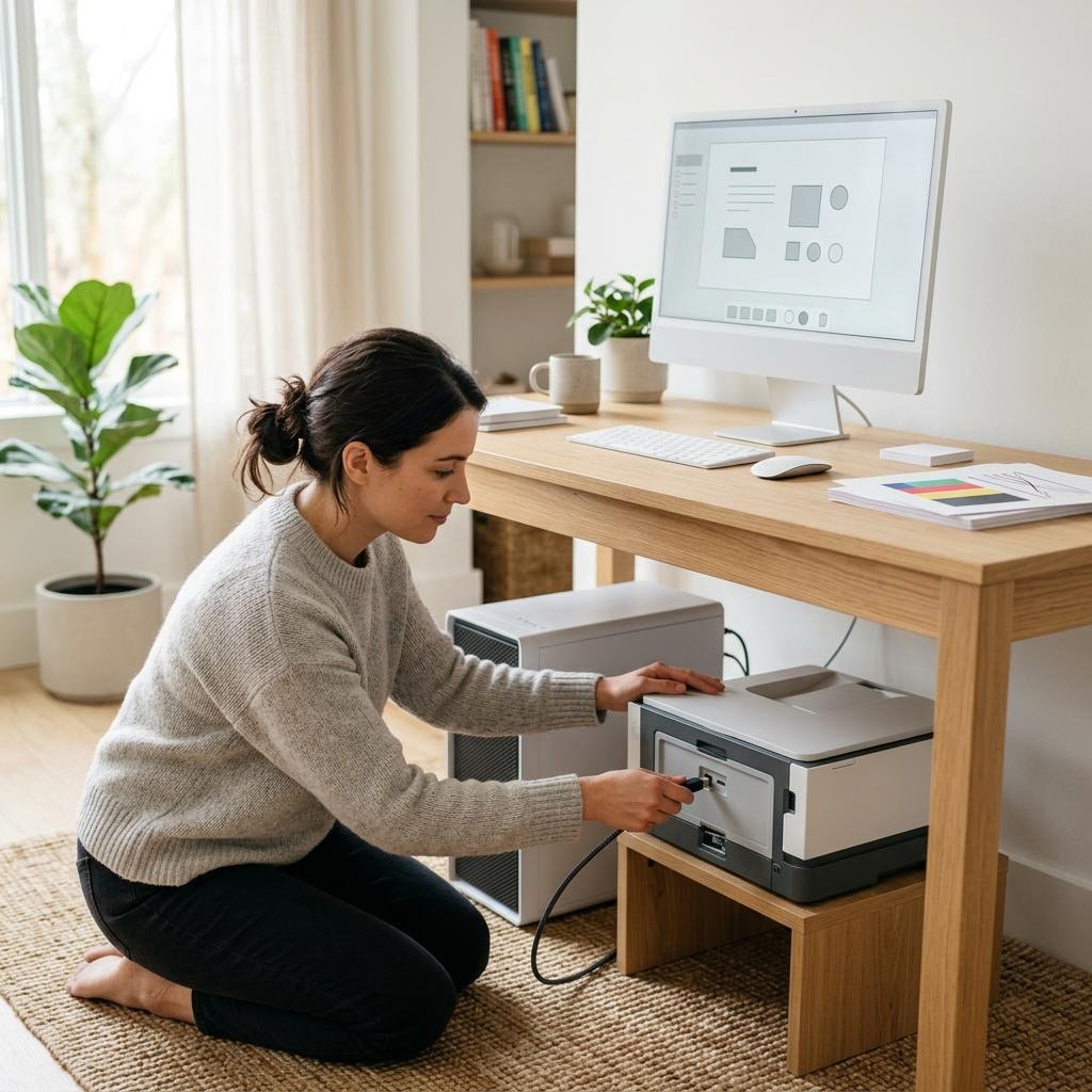 A hand reseating a USB cable at the back of a printer beside a Windows laptop showing an offline printer status