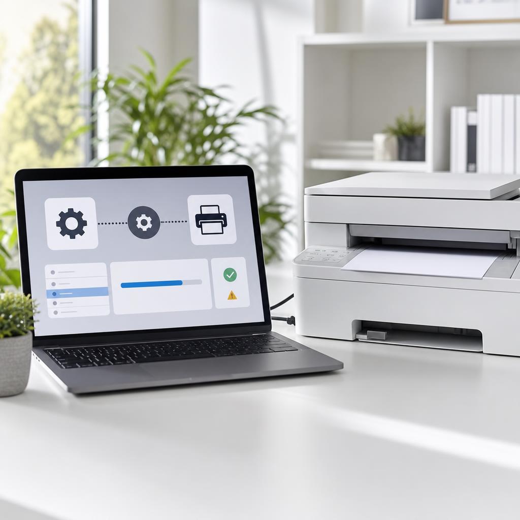 A laptop screen showing a driver acting as a bridge between software and a printer icon, beside a white printer
