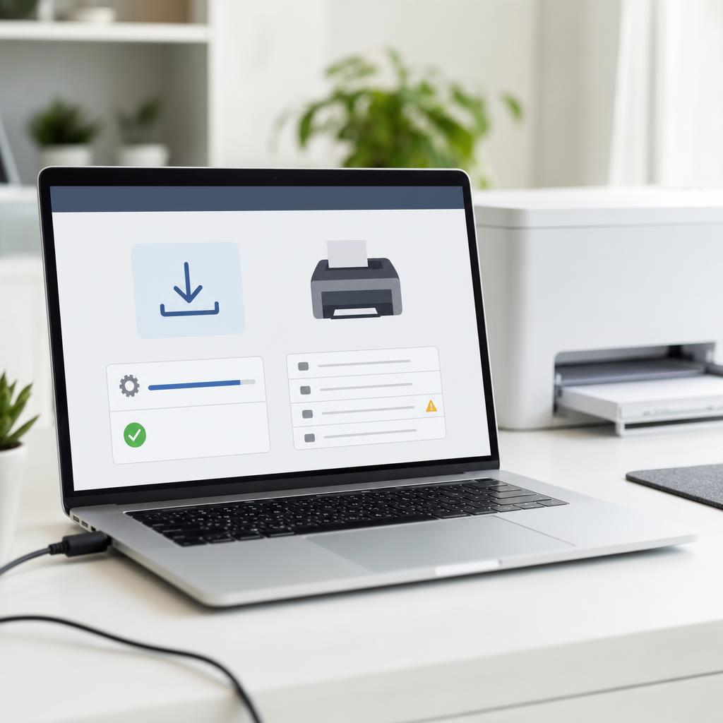 A laptop showing an official support download page with a download icon and printer icon, a white printer beside it
