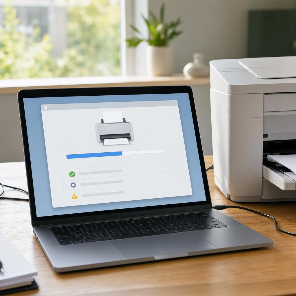 A laptop screen showing a printer installation wizard with a progress bar and printer icon, a white printer beside it
