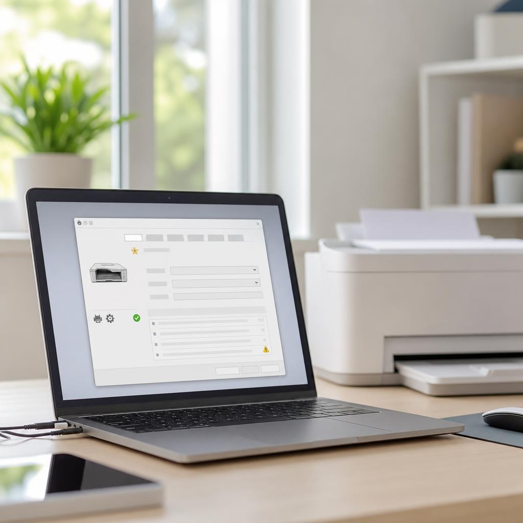 A laptop screen showing a printer properties window with a printer icon and a default marker, a white printer beside it