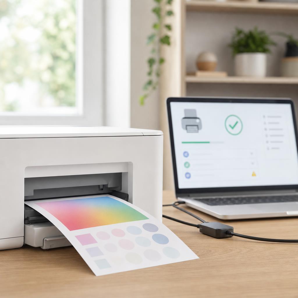 A test page with an abstract colour pattern emerging from a white printer, a laptop showing a green checkmark behind