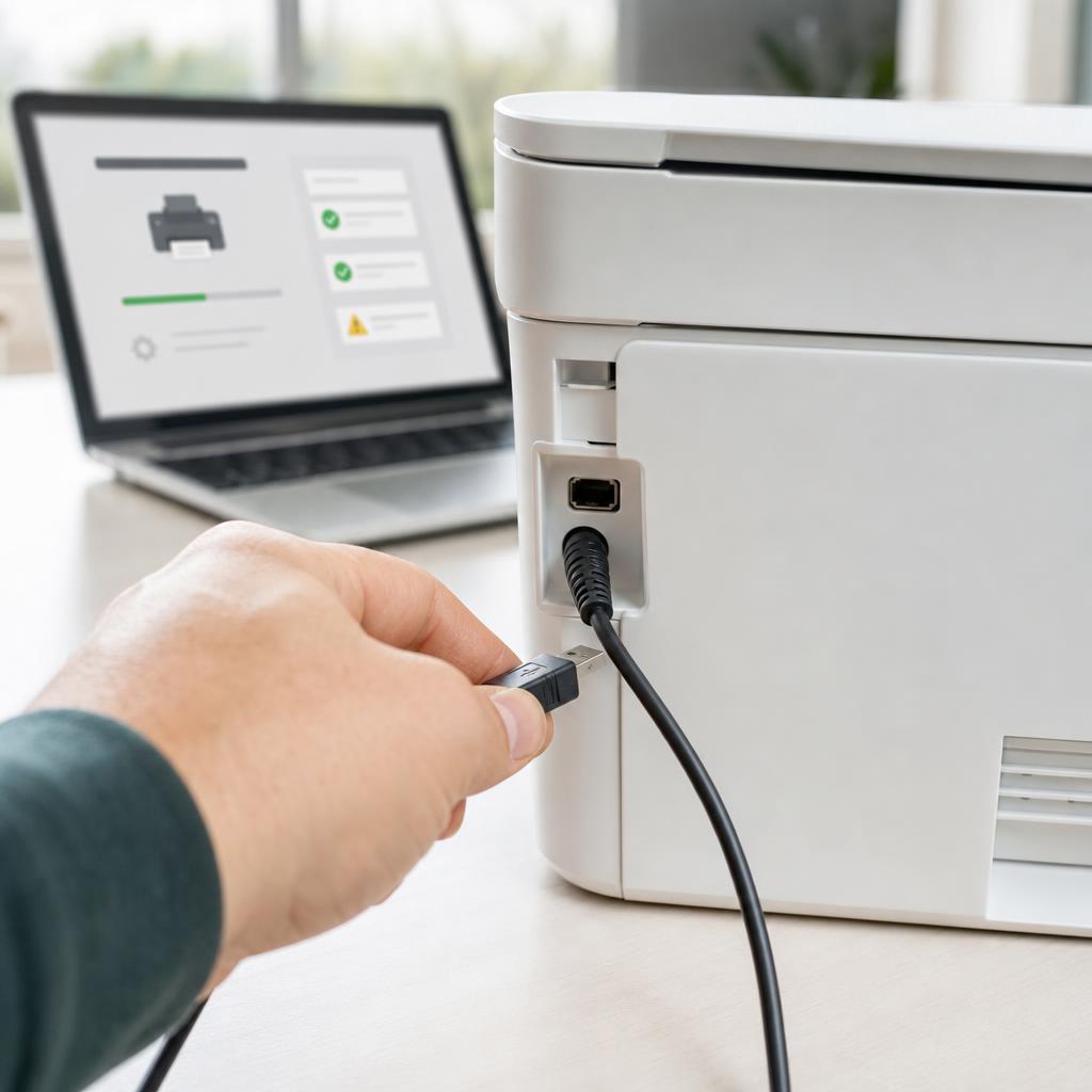 A hand plugging a USB cable into the back of a generic white printer with a laptop behind