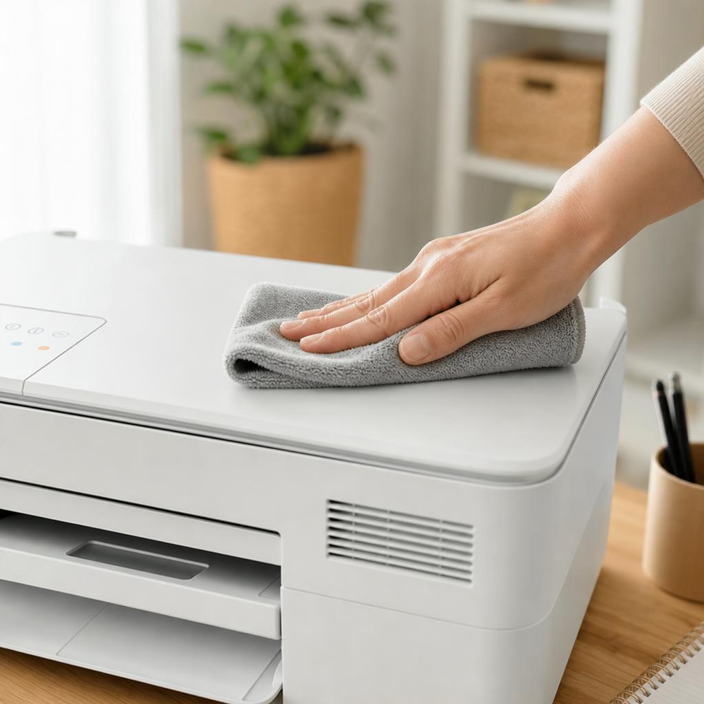 Inside view of a printer showing dust and paper debris accumulated near the feed rollers