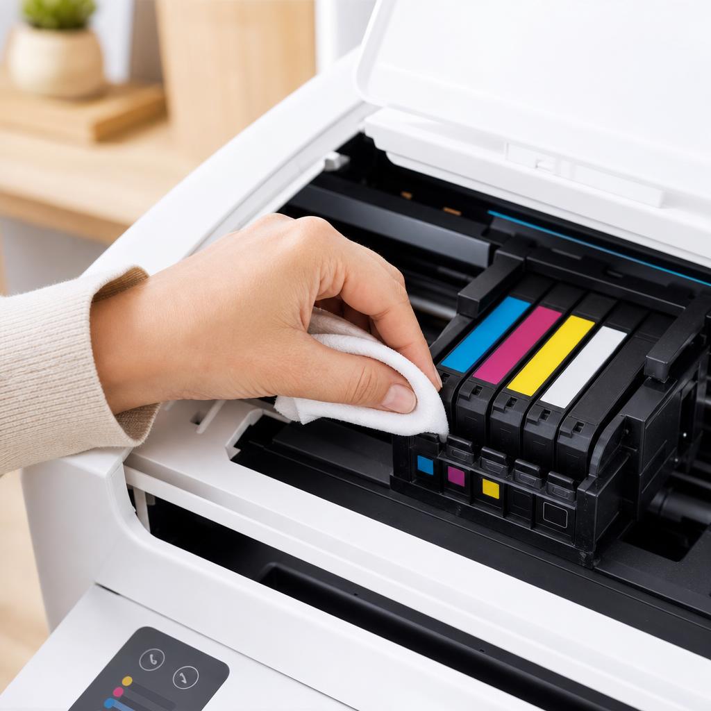 A hand gently cleaning around the cyan, magenta, yellow, and black inkjet cartridges seated in an open printer carriage