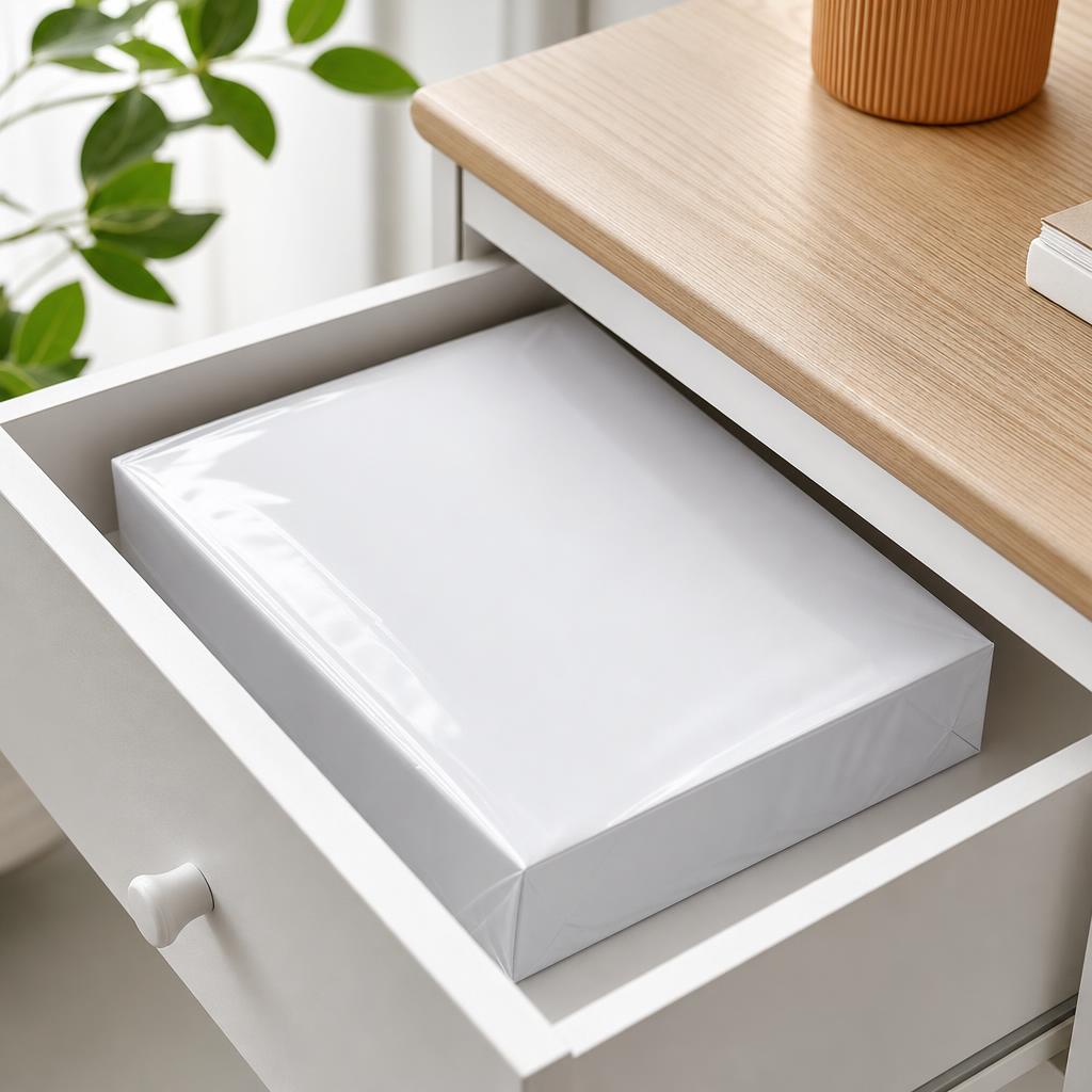 A neat ream of white printer paper stored flat and sealed in a tidy drawer, protected from dust and humidity