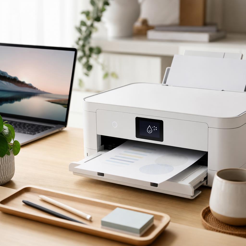 A white inkjet printer running a maintenance cycle, its control-panel screen showing a simple droplet cleaning icon, a laptop beside it