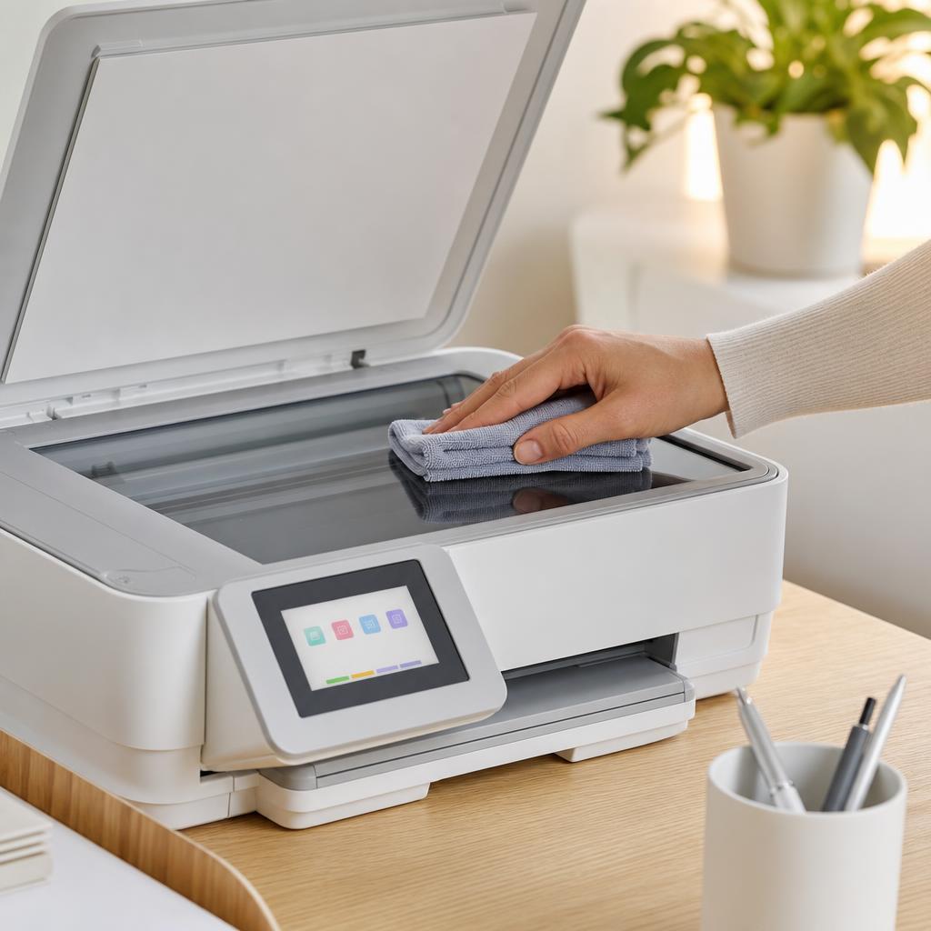 A hand wiping the flatbed scanner glass of an open multifunction printer with a folded microfiber cloth, lid raised