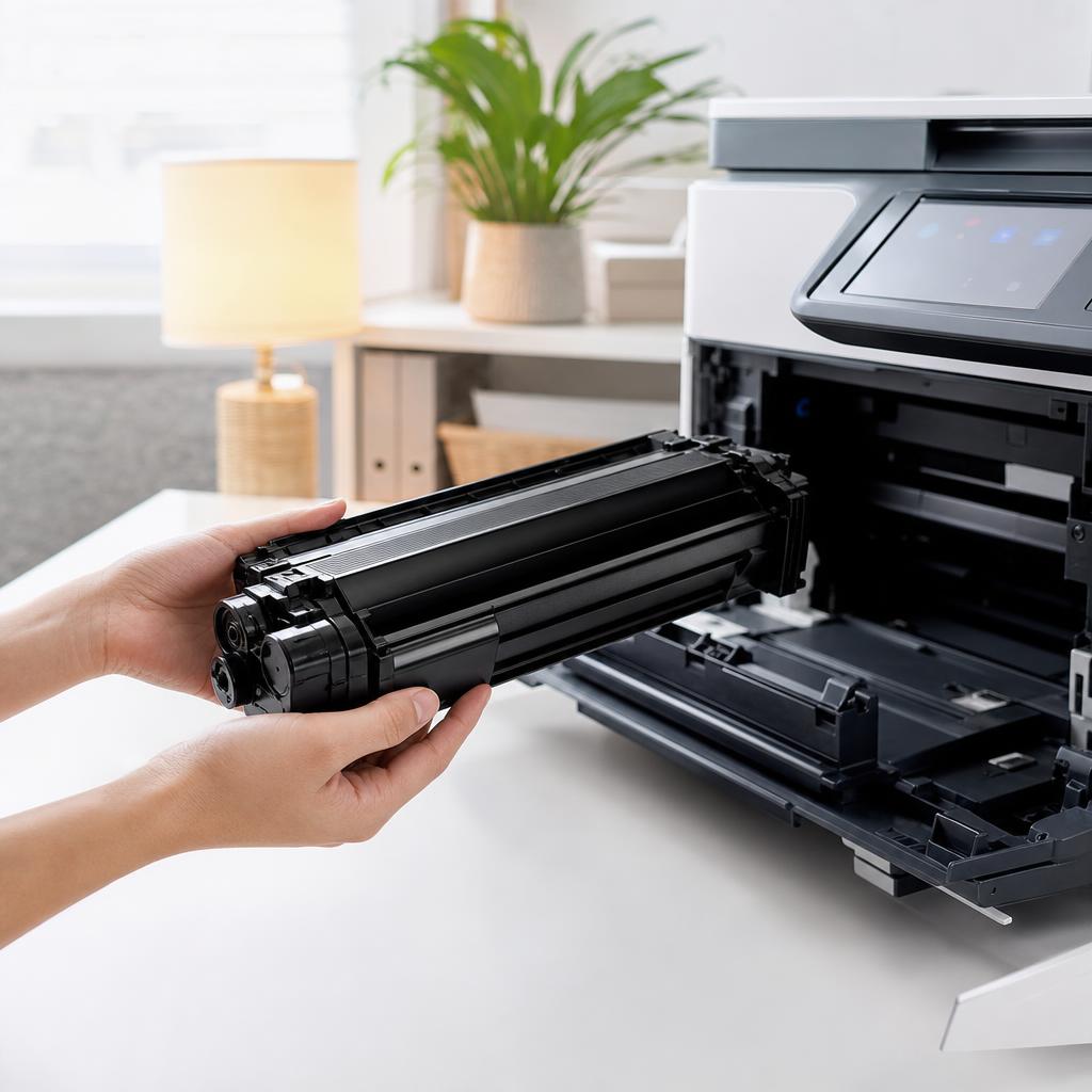 Two hands holding a black laser toner cartridge horizontally and gently rocking it side to side beside an open laser printer