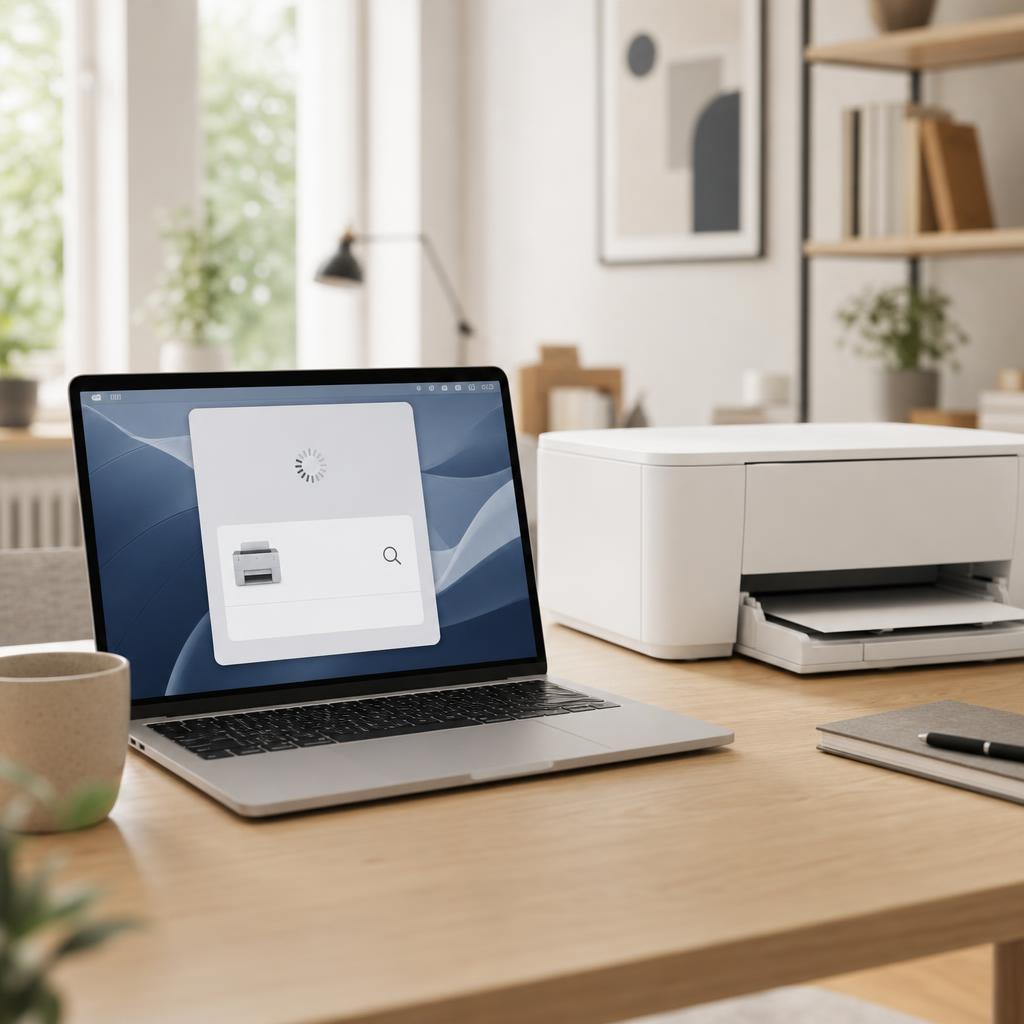A laptop screen showing an add-a-device window with a search spinner, a printer icon, and a magnifying-glass glyph