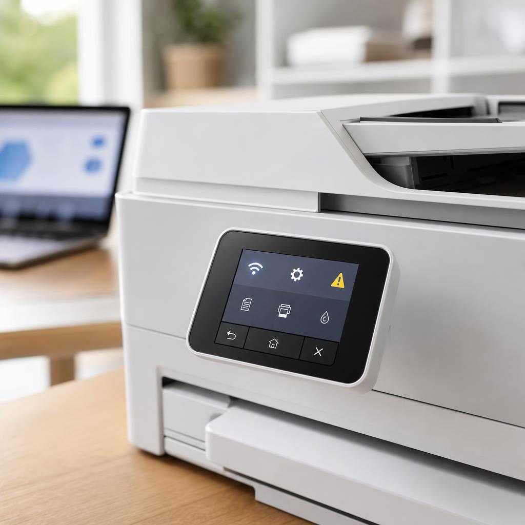 Close-up of a white printer’s control panel showing simple status icons and a Wi-Fi glyph