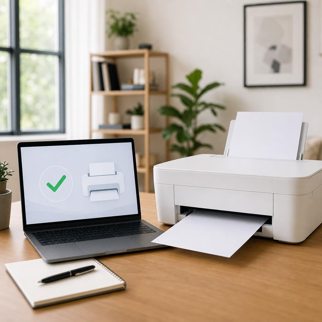 A laptop screen showing a green checkmark and printer icon while a white printer feeds out a clean sheet of paper