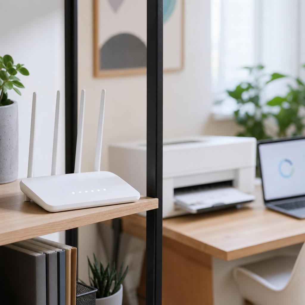 A modern white Wi-Fi router with status lights on a shelf, a white printer and laptop softly out of focus behind