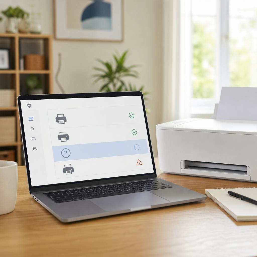 A laptop screen showing a device list with printer icons, one row marked with a question mark and another with a warning triangle