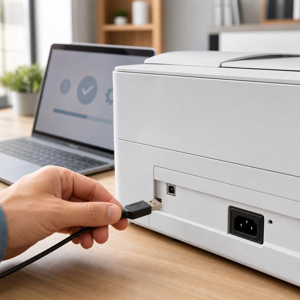 A hand plugging a USB cable into the back of a generic white printer with a laptop behind on the desk