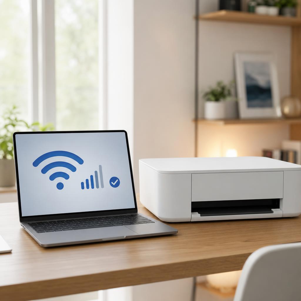 A laptop screen showing a large Wi-Fi signal icon with strength bars and a checkmark, a white printer beside it