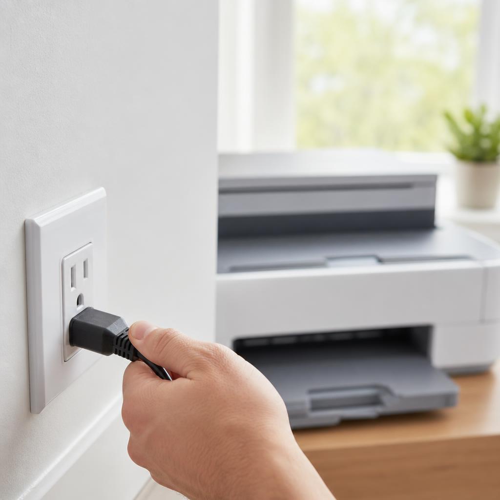 A hand unplugging the power cable from the rear of a printer, with the router visible in the background