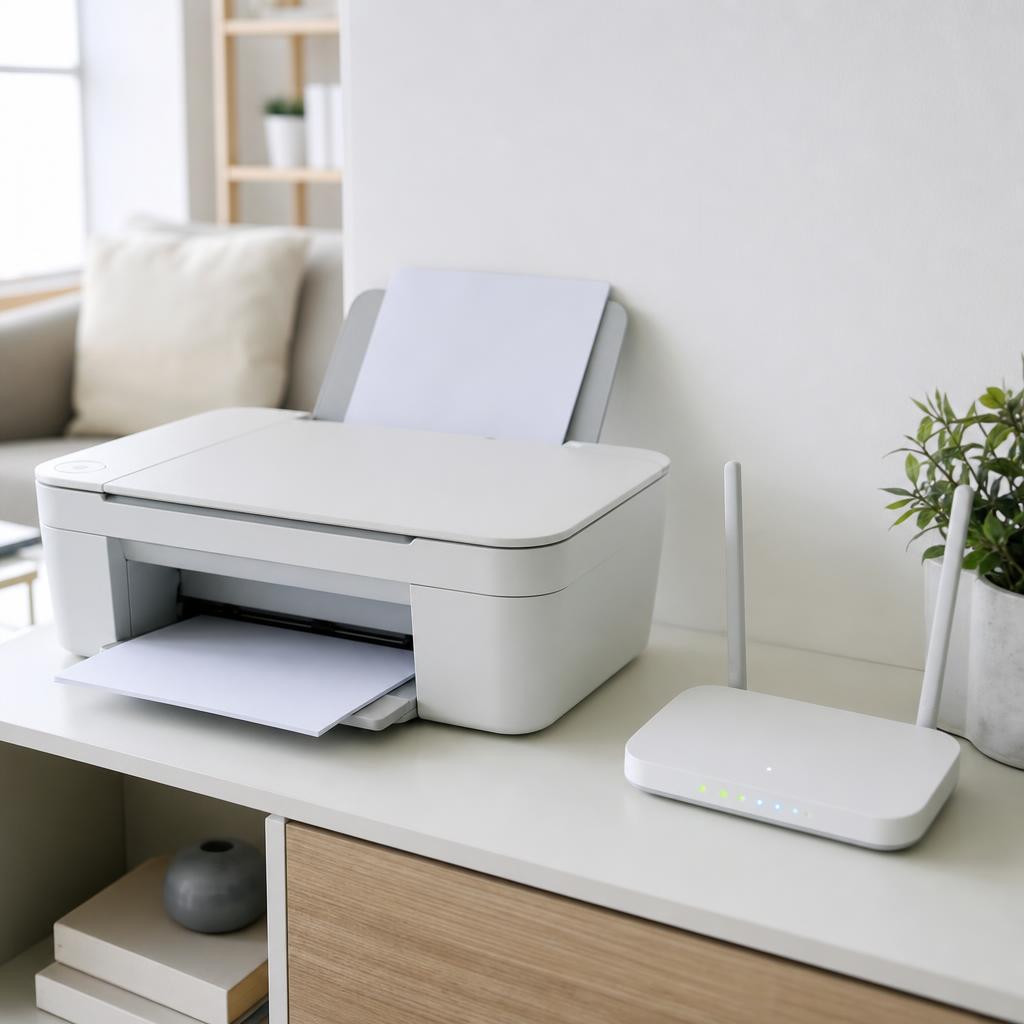 A home router and printer sitting on a desk together, with indicator lights showing an active network connection