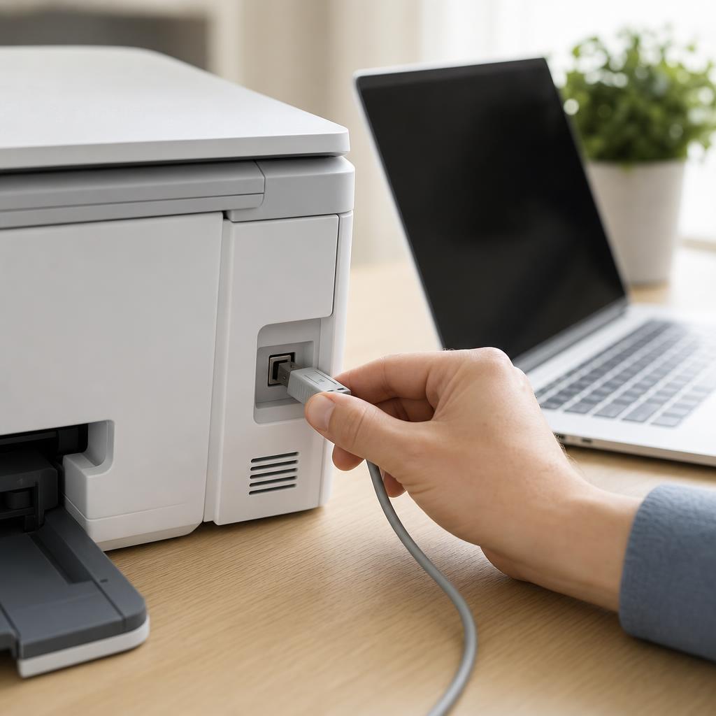 A USB cable being plugged into the rear port of a printer, with the cable leading to a laptop in the background