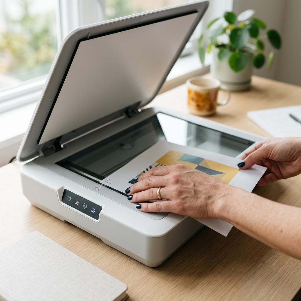 A hand placing a paper document face down into the corner of a flatbed scanner, aligned with the etched guide marks